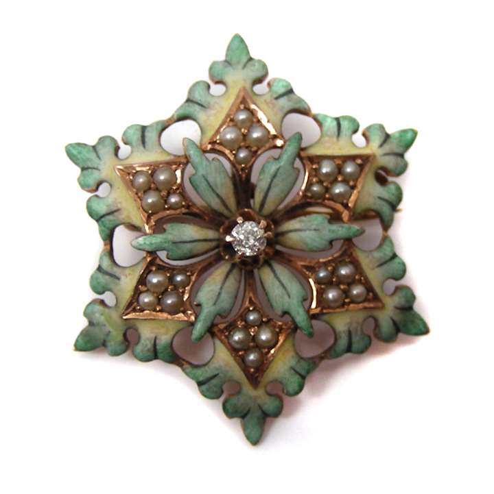 Antique gold diamond, pearl and enamel brooch formed as a snowflake